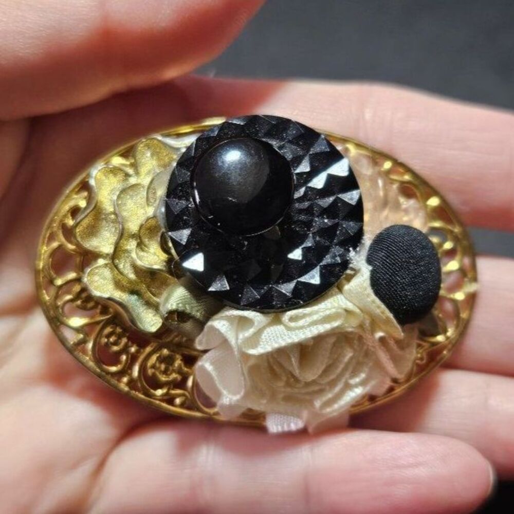 Gold tone vintage handmade floral brooch black flower